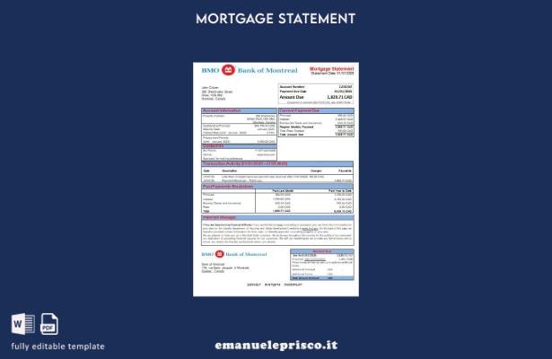stile verificato modello di estratto conto del mutuo bancario della Canada Bank 